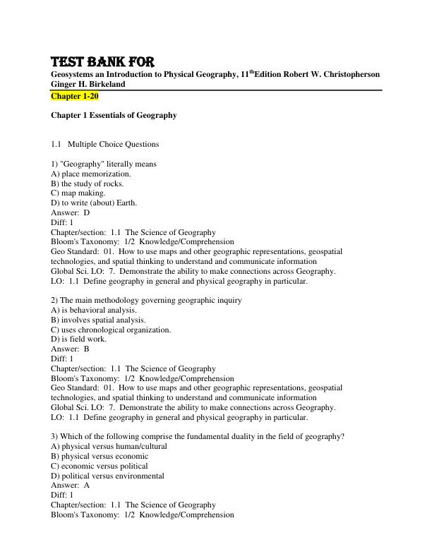 Test Bank for Geosystems An Introduction to Physical Geography, 11th edition Robert W. Christopherson  Ginger H. Birkeland