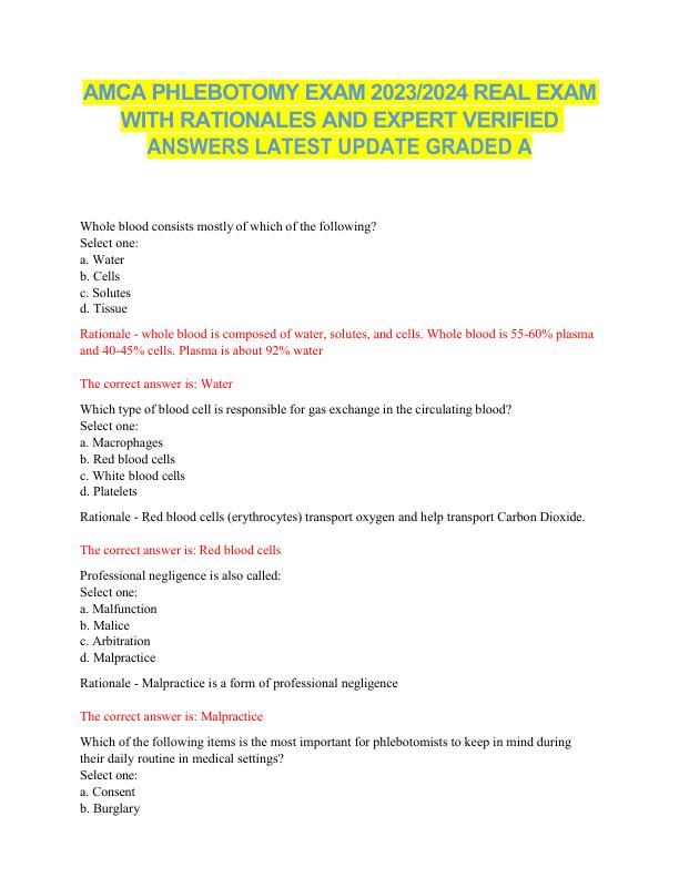 mobile-preview-AMCA PHLEBOTOMY EXAM 2023 2024 REAL EXAM WITH RATIONALES AND EXPERT VERIFIED ANSWERS LATEST UPDATE GRADED A