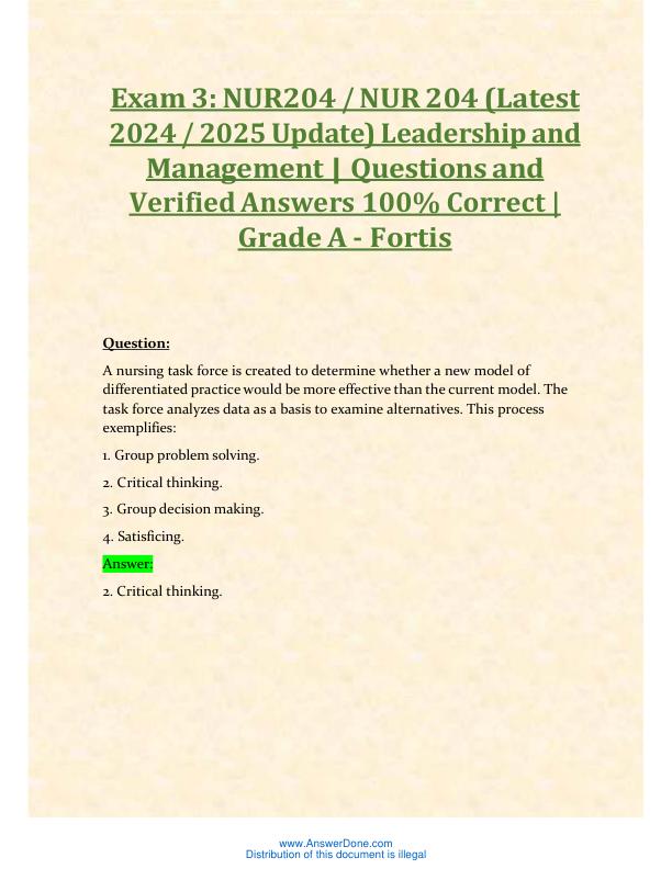 mobile-preview-Exam 3 NUR204 NUR 204 (Latest 2024 2025 Update) Leadership and Management Questions and Verified Answers 100% Correct Grade A - Fortis
