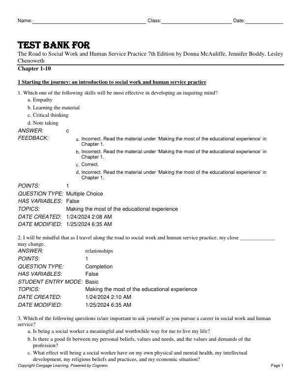 Test Bank For The Road to Social Work and Human Service Practice 7th Edition by Donna McAuliffe, Jennifer Boddy, Lesley Chenoweth Chapter 1-10