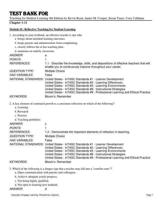 Test Bank For Teaching for Student Learning 4th Edition by Kevin Ryan, James M. Cooper, Susan Tauer, Cory Callahan Chapter 1-11