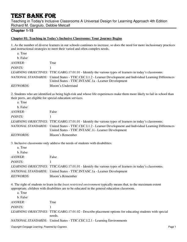 Test Bank For Teaching in Today's Inclusive Classrooms A Universal Design for Learning Approach 4th Edition by Richard M. Gargiulo, Debbie Metcalf Chapter 1-15