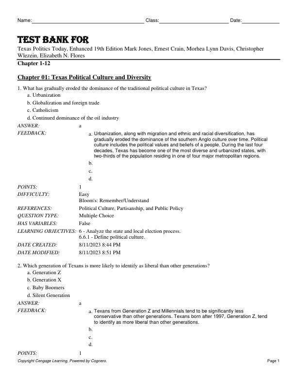 Test Bank For Texas Politics Today, Enhanced 19th Edition by Mark Jones, Ernest Crain, Morhea Lynn Davis, Christopher Wlezein, Elizabeth N. Flores Chapter 1-12