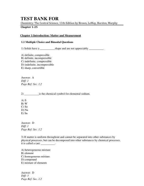 Chemistry The Central Science Test Bank by Brown, LeMay, Bursten & Murphy | Chapters 1-25 Complete Questions & Answers A+ Exam Prep Guide