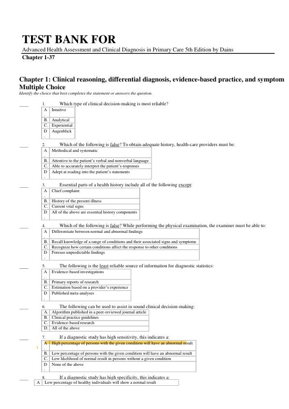 Complete Test Bank – Advanced Health Assessment and Clinical Diagnosis in Primary Care (5th Edition) by Dains Chapters 1–37 Practice Questions & Study Guide