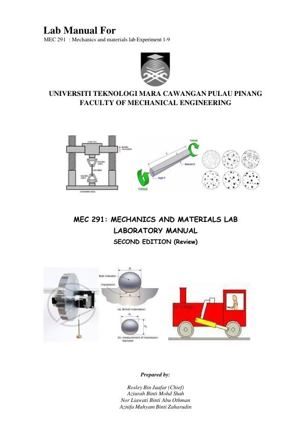 MEC 291 Mechanics and Materials Lab Laboratory Manual 2nd Edition | Complete Experiments Guide & Lab Report Solutions | A+ Study Resource