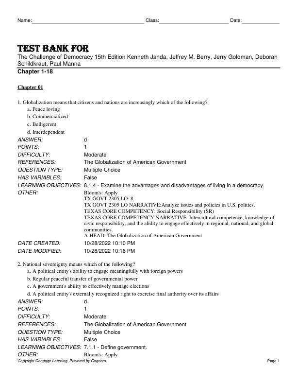 Test Bank For The Challenge of Democracy 15th Edition by Kenneth Janda, Jeffrey M. Berry, Jerry Goldman, Deborah Schildkraut, Paul Manna Chapter 1-18