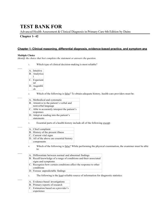 mobile-preview-Test Bank for Advanced Health Assessment & Clinical Diagnosis in Primary Care (6th Edition) – Dains Chapters 1–42  Exam Questions & Answers