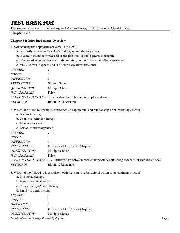Test Bank For Theory and Practice of Counseling and Psychotherapy 11th Edition by Gerald Corey Chapter 1-15