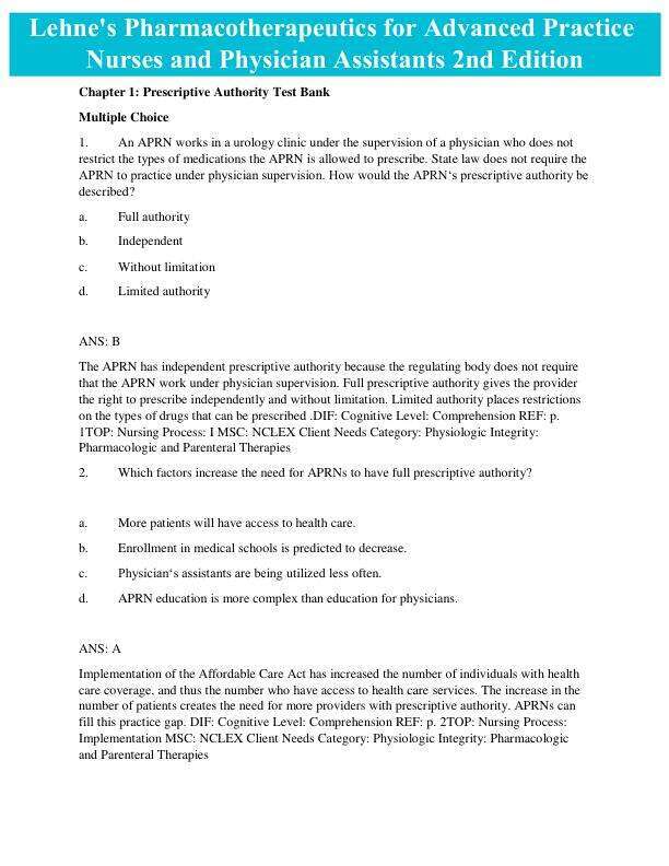 Latest 2023 Lehens Pharmacotherapeutics For Advanced Practice Nurses And Physician Assistants 2nd Edition Test bank  All Chapters