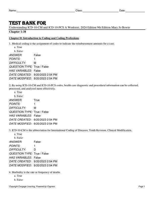Test Bank For Understanding ICD-10-CM and ICD-10-PCS A Worktext, 2024 Edition 9th Edition by Mary Jo Bowie Chapter 1-38