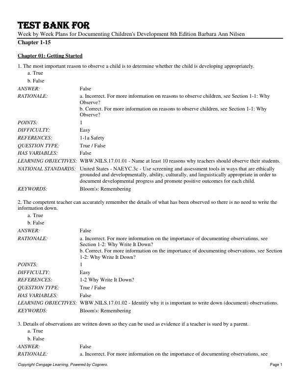 Test Bank For Week by Week Plans for Documenting Children's Development 8th Edition by Barbara Ann Nilsen Chapter 1-15