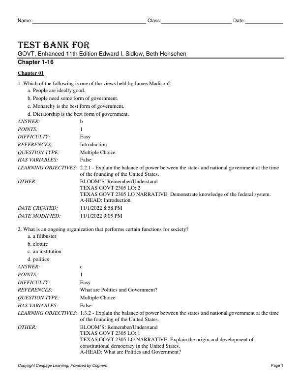 Test Bnak For GOVT, Enhanced 11th Edition by Edward I. Sidlow, Beth Henschen Chapter 1-16