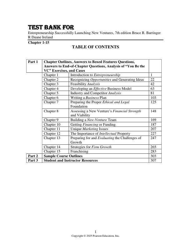 Solution Manual For Entrepreneurship Successfully Launching New Ventures, 7th Edition by Bruce R. Barringer R Duane Ireland Chapter 1-15
