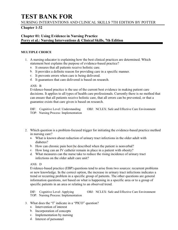 Test Bank for Nursing Interventions & Clinical Skills (7th Edition) by Anne G. Perry & Patricia A. Potter | Complete Chapters 1–32 | Verified Questions & Answers