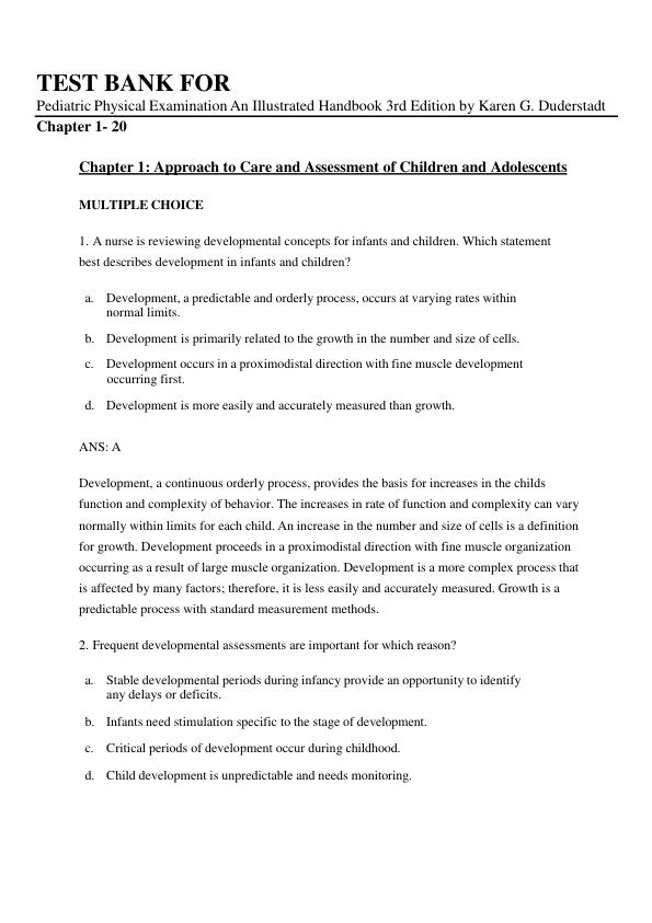 Test Bank for Pediatric Physical Examination An Illustrated Handbook, 3rd Edition by Karen G. Duderstadt | Complete Chapters 1-20 | Exam Questions & Answers