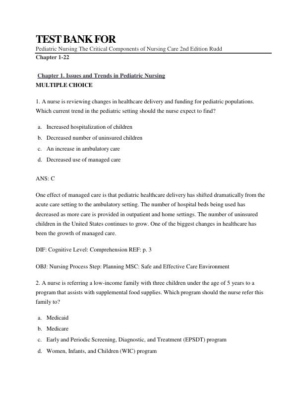Test Bank for Pediatric Nursing The Critical Components of Nursing Care, 2nd Edition by Rudd | Complete Chapters 1-22 | Exam Questions & Answers