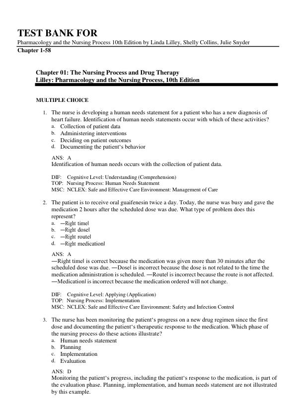 Test Bank for Pharmacology and the Nursing Process, 10th Edition by Linda Lilley, Shelly Collins & Julie Snyder | Complete Chapters 1-58 | Exam Questions & Answers