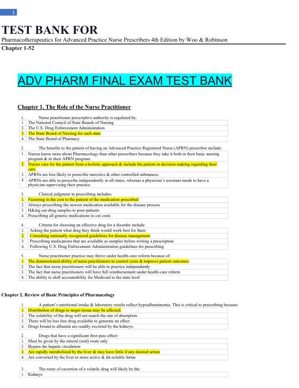 Test Bank for Pharmacotherapeutics for Advanced Practice Nurse Prescribers, 4th Edition by Woo & Robinson | Complete Chapters 1-52 | Complete Verified Solutions | Exam Questions & An