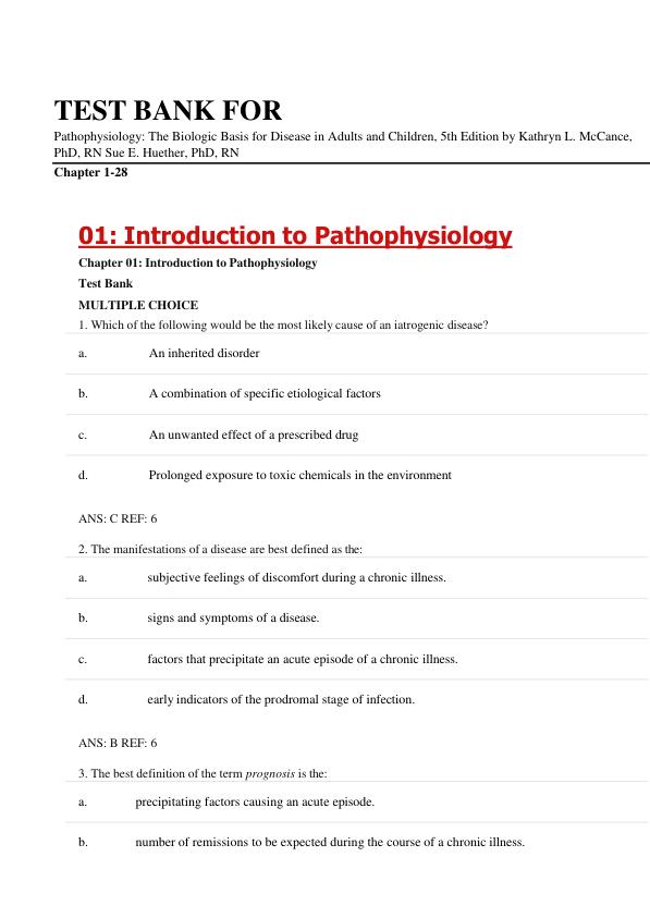 Test Bank for Pathophysiology The Biologic Basis for Disease in Adults and Children, 5th Edition by Kathryn L. McCance | Complete Chapters 1-28 | Exam Questions & Answers