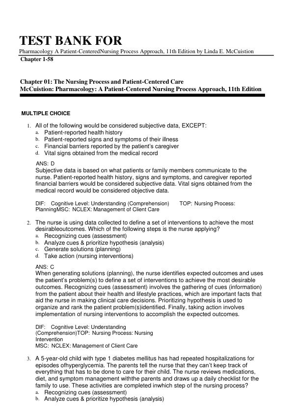 Test Bank for Pharmacology A Patient-Centered Nursing Process Approach, 11th Edition by Linda E. McCuistion | Complete Chapters 1-58 | Exam Questions & Answers
