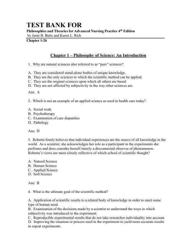 Test Bank For Philosophies and Theories for Advanced Nursing Practice 4th Edition by Janie B. Butts and Karen L. Rich | Chapter 1-26 (Complete Guide A+)