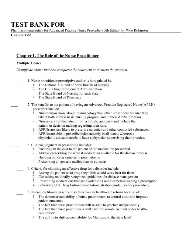 Test Bank For Pharmacotherapeutics for Advanced Practice Nurse Prescribers 5th Edition by Woo Robinson | Chapter 1-55 (Complete Guide A+)