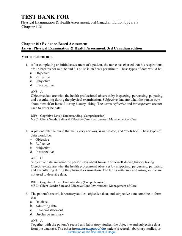 Test Bank For Physical Examination & Health Assessment, 3rd Canadian Edition by Jarvis | Chapter 1-31 (Complete Guide A+)