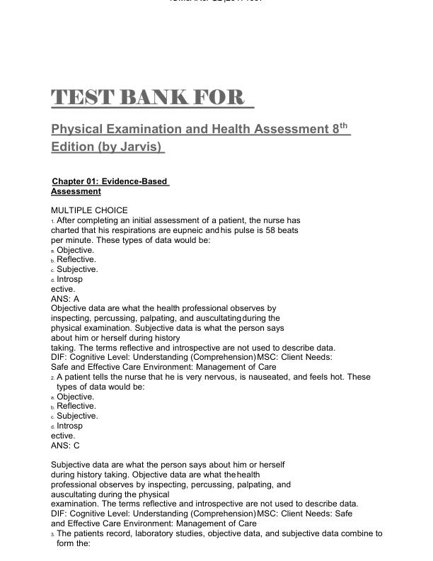Test Bank For Physical Examination and Health Assessment 8th Edition (by Jarvis) | (Complete Guide A+)