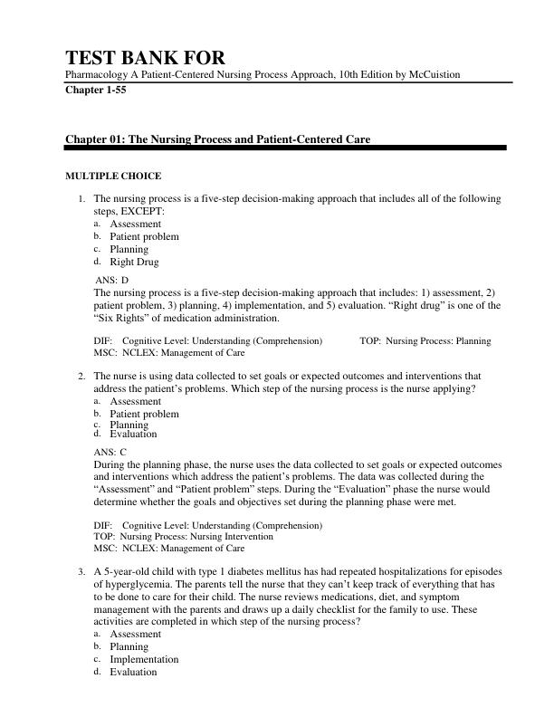 Test Bank for Pharmacology A Patient-Centered Nursing Process Approach, 10th Edition by McCuistion | Complete Chapters 1-55 | Exam Questions & Answers