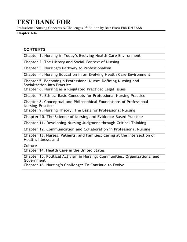 Test Bank For Professional Nursing Concepts & Challenges 9th Edition by Beth Black PhD RN FAAN Chapter 1-16 | (Complete Guide A+)