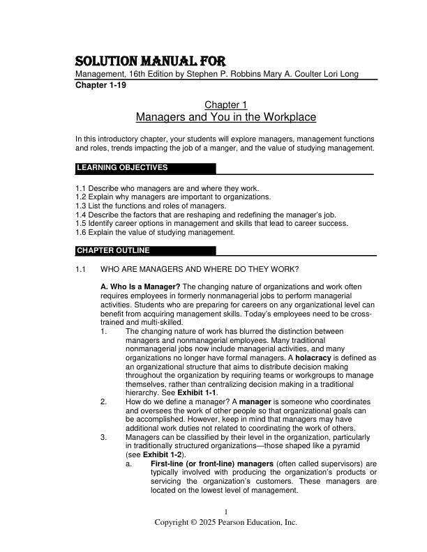 Solution Manual For Management, 16th Edition by Stephen P. Robbins Mary A. Coulter Lori Long Chapter 1-19 Starbucks Part(1 2)