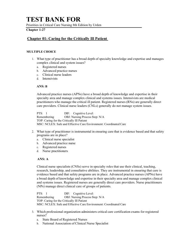 Test Bank For Priorities in Critical Care Nursing 8th Edition by Urden | Chapter 1-27 | (Complete Guide A+)