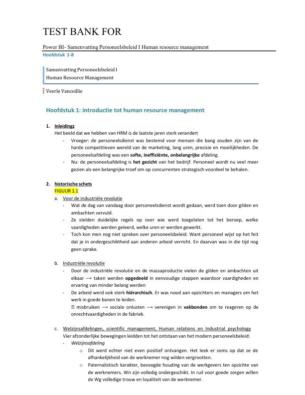 Test Bank For Power BI- Samenvatting Personeelsbeleid I Human resource management Hoofdstuk  1-8 | (Complete Guide A+)