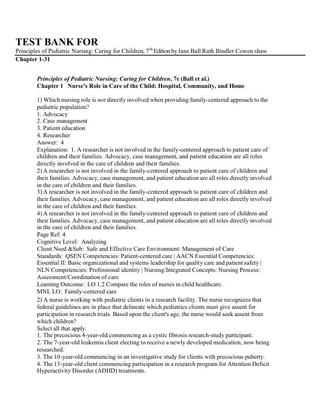 Test Bank For Principles of Pediatric Nursing Caring for Children, 7th Edition by Jane Ball Ruth Bindler Cowen shaw Chapter 1-31 (Complete Guide A+)