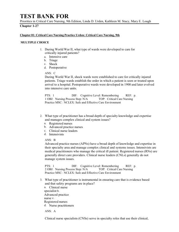 Test Bank For Priorities in Critical Care Nursing, 9th Edition, Linda D. Urden, Kathleen M. Stacy, Mary E. Lough | Chapter 1-27 | (Complete Guide A+)