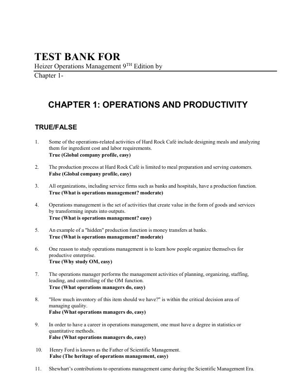 Test Bank For Principle of Operations Management 9th Edition by Jay Heizer , Barry Render | Chapter 1-12 (Complete Guide A+)