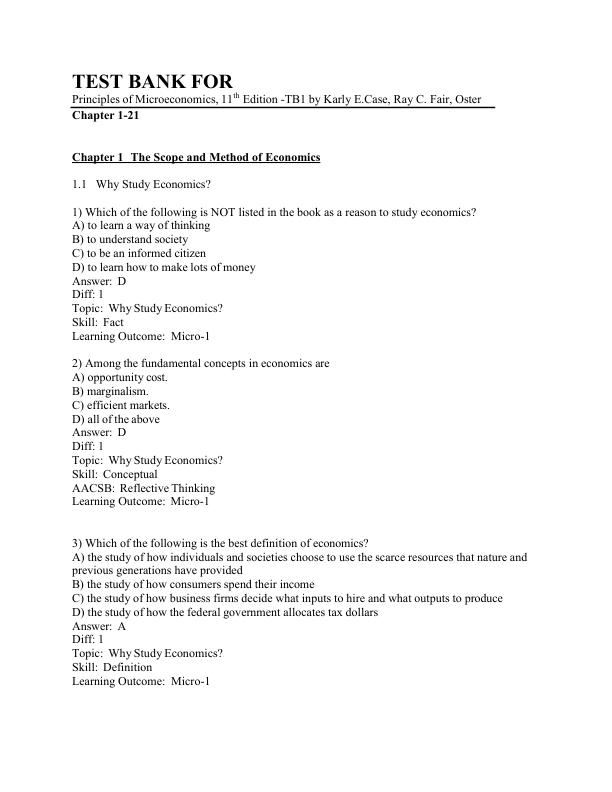 Test Bank For Principles of Microeconomics, 11th Edition -TB1 by Karly E.Case, Ray C. Fair, Oster Chapter 1-21 | (Complete Guide A+)