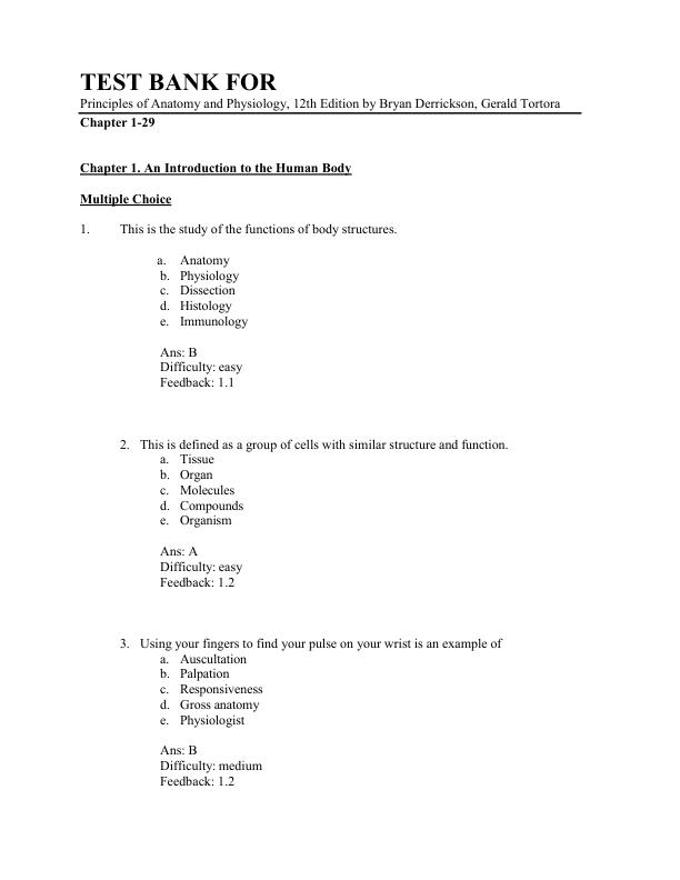 Test Bank For Principles of Anatomy and Physiology, 12th Edition by Bryan Derrickson, Gerald Tortora Chapter 1-29 | (Complete Guide A+)
