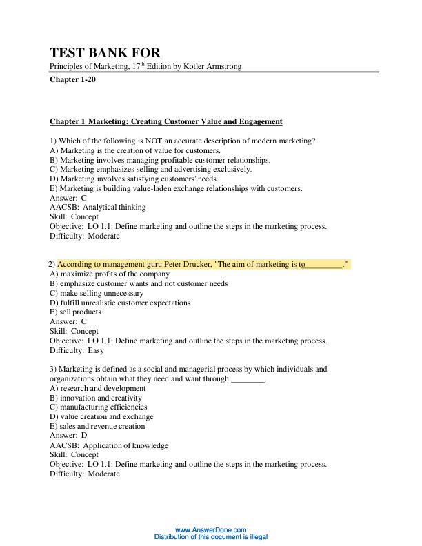 Test Bank For Principles of Marketing, 17th Edition by Kotler Armstrong Chapter 1-20 | (Complete Guide A+)