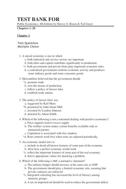 Test Bank for Public Economics, 8th Edition by Harvey S. Rosen & Ted Gayer | Chapters 1–28