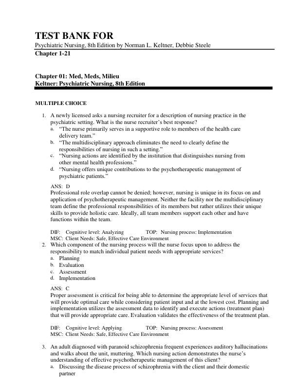 Test Bank For Psychiatric Nursing, 8th Edition by Norman L. Keltner, Debbie Steele | Chapter 1-21