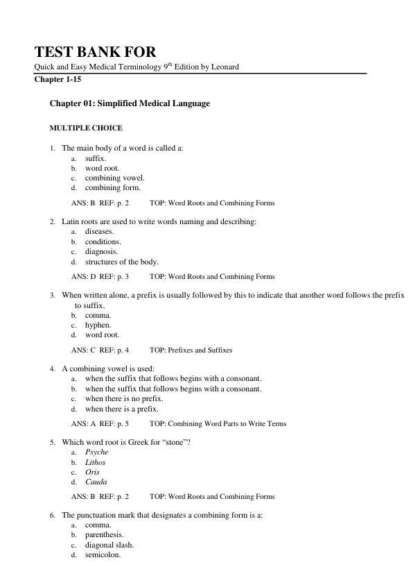 Test Bank For Quick and Easy Medical Terminology 9th Edition by Leonard | Chapter 1-15