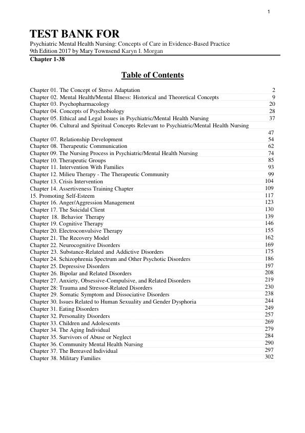 Test Bank For Psychiatric Mental Health Nursing Concepts of Care in Evidence-Based Practice 9th Edition 2017 by Mary Townsend Karyn I. Morgan Chapter 1-38
