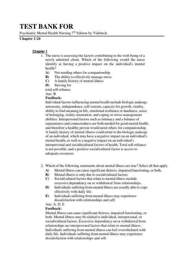 Test Bank For Psychiatric Mental Health Nursing 7th Edition by Videbeck | Chapter 1-24