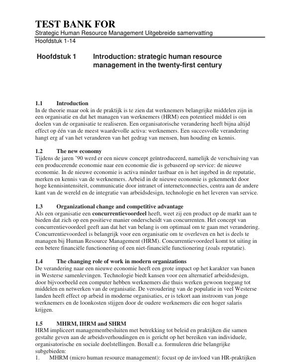 Test Bank For Strategic Human Resource Management Uitgebreide samenvatting Hoofdstuk 1-14 | (Complete Guide A+)