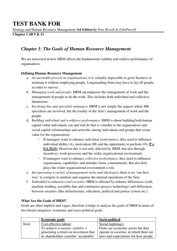 Test Bank For Strategy and Human Resource Management 3rd Edition by Peter Boxall & JohnPurcell Chapter 1 till 9 & 11 | (Complete Guide A+)