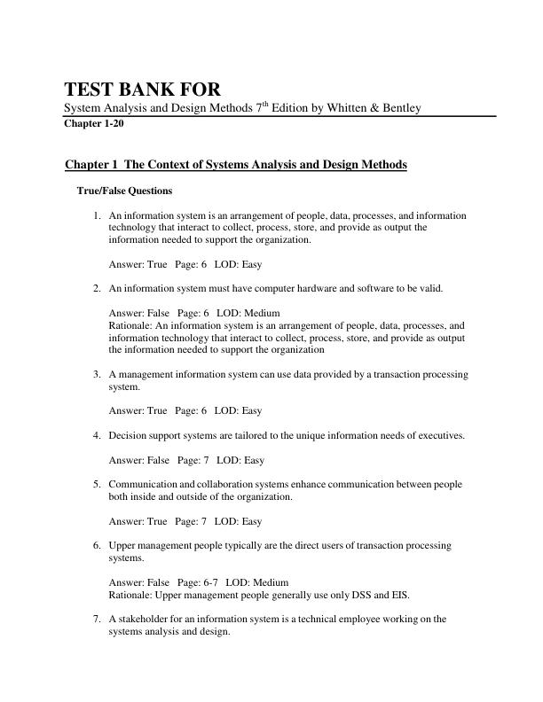 Test Bank For System Analysis and Design Methods 7th Edition by Whitten & Bentley | (Complete Guide Verified100%)