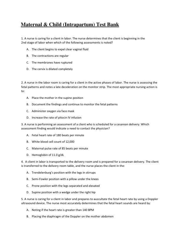 mobile-preview-Maternal & Child (Intrapartum) Test Bank Complete Questions & Answers A+ Exam Prep Guide