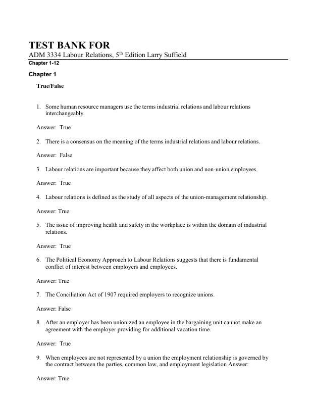 mobile-preview-Test Bank For ADM 3334 Labour Relations, 5th Edition Larry Suffield | Chapter 1-12 | Conplete100% Guide A+